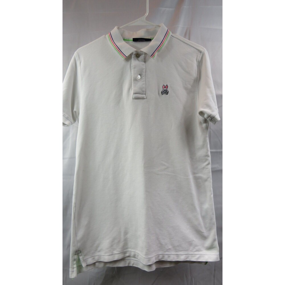 Psycho Bunny Men Polo Size 4 White Embroidered Bunny Skull Athens Logo Pique